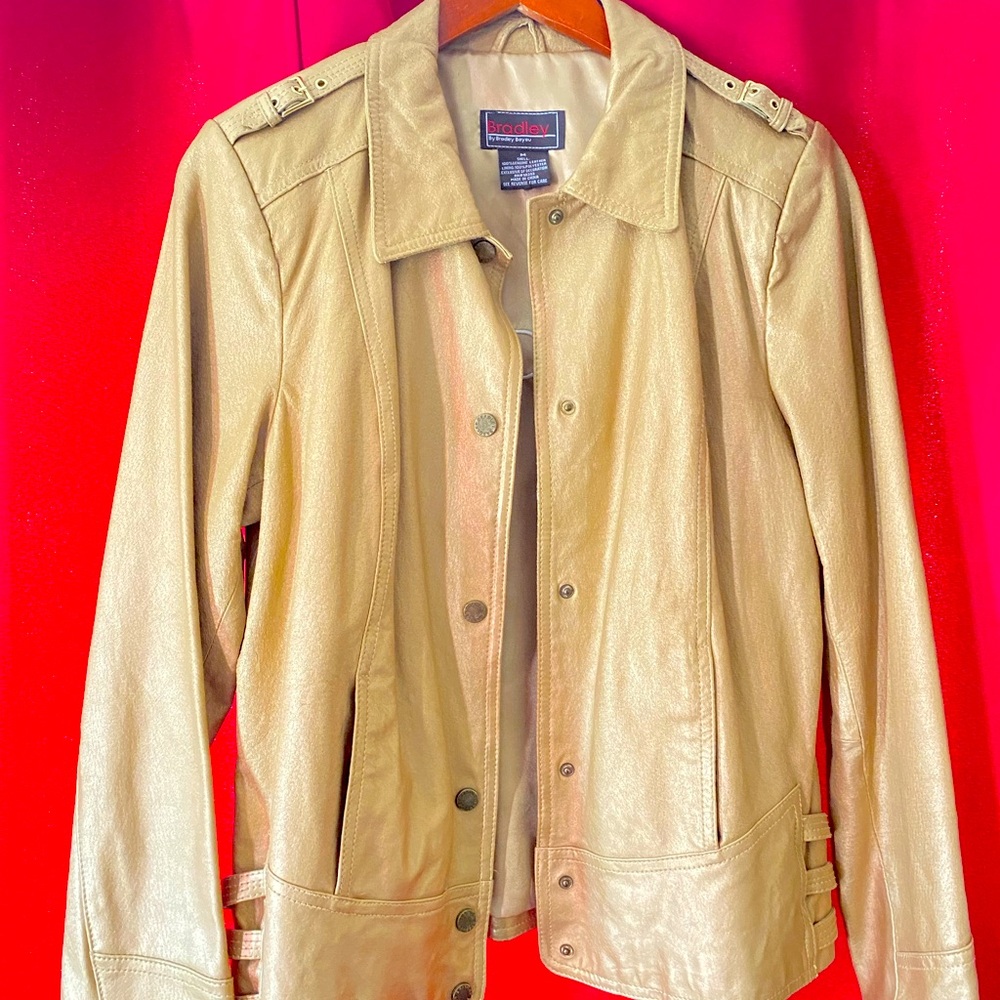 Size M, Gold Color, Genuine Leather Jacket, Light Shine